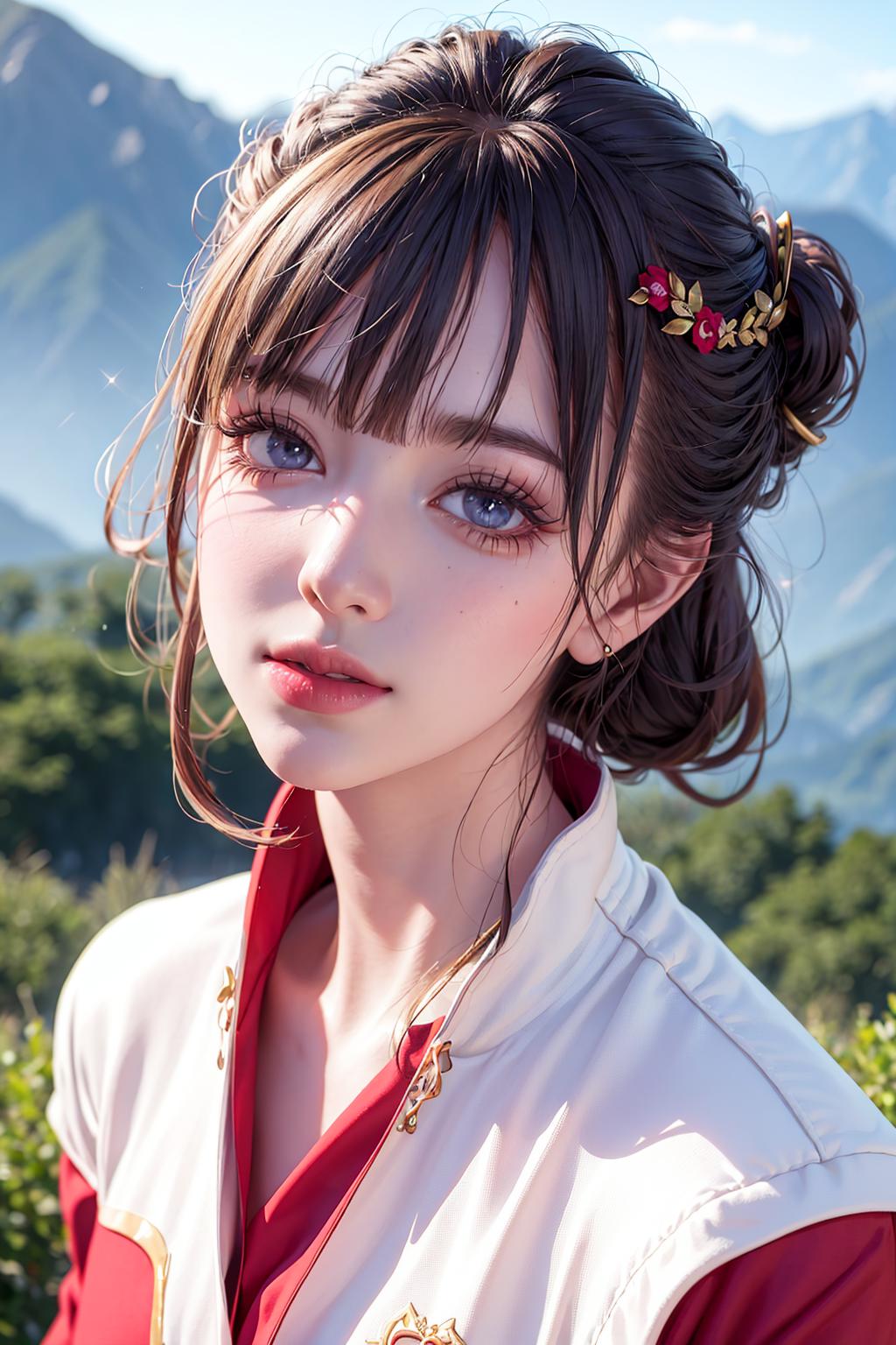 A beautiful young woman with long black hair and blue eyes wearing a white and red outfit. The image is set against a backdrop of a mountainous landscape.