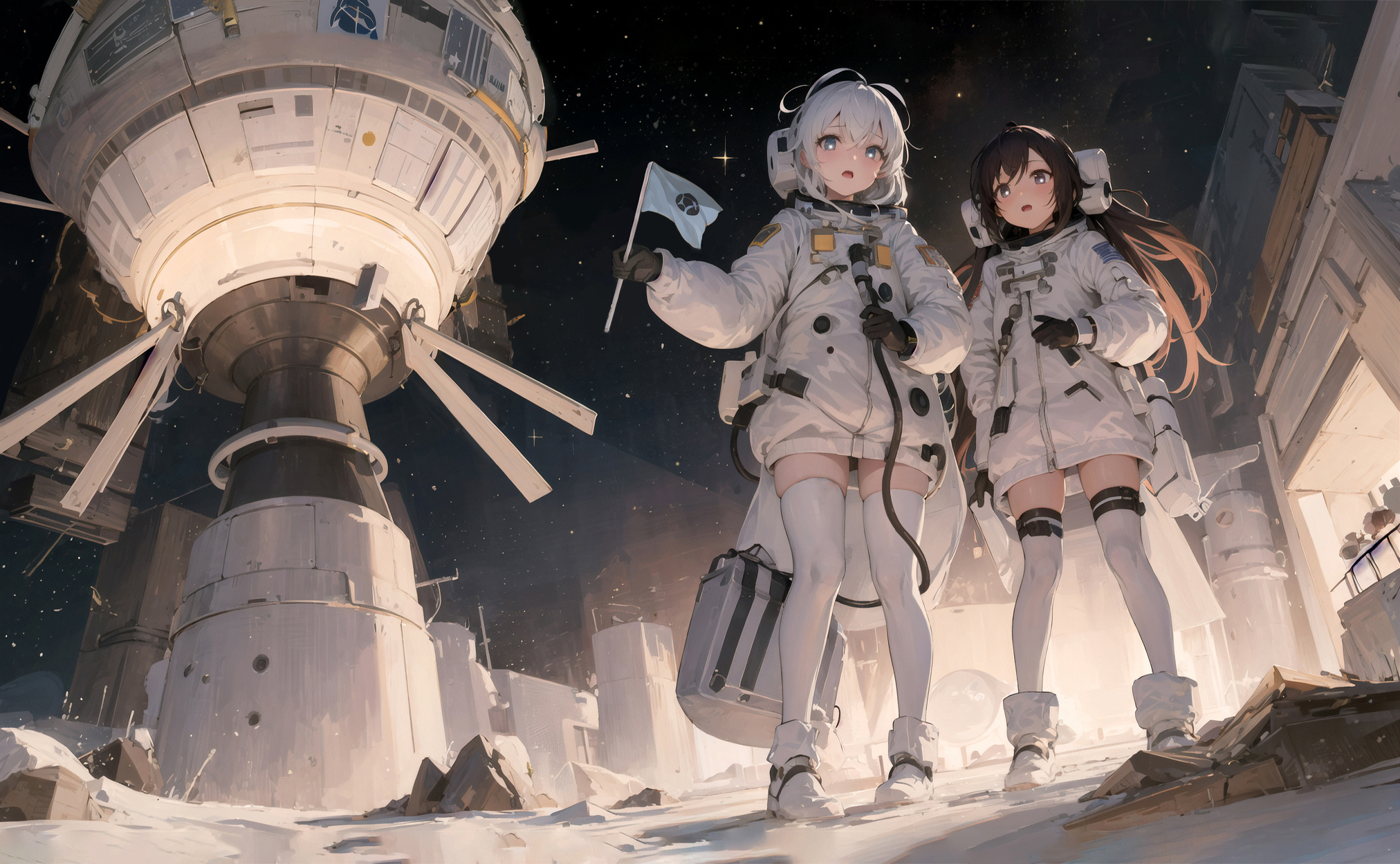 Two female astronauts standing in front of a spaceship.