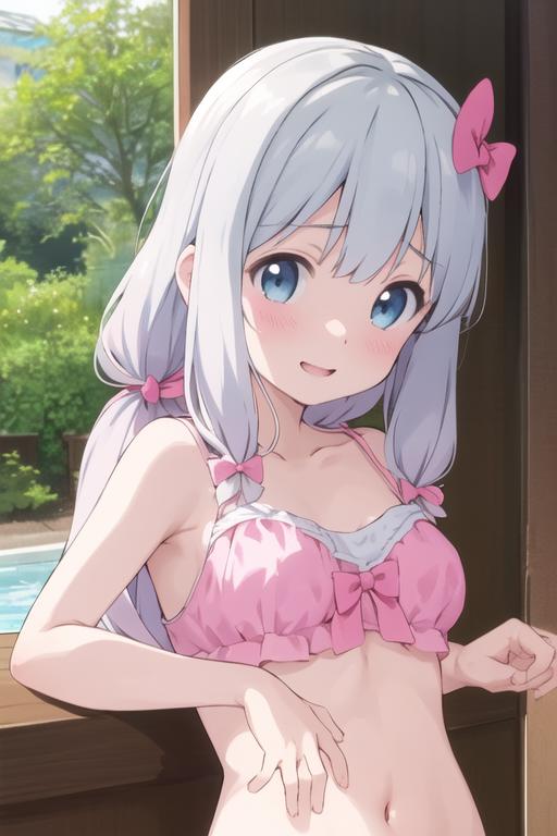 An anime girl wearing a pink bikini and a pink bow in her hair.