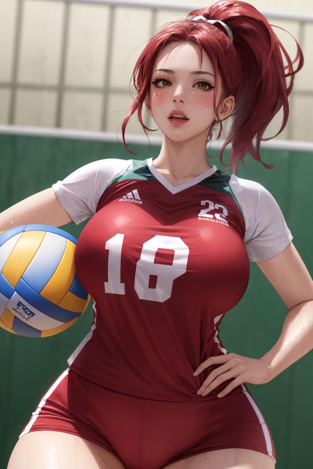 A 3D animated image of a volleyball player wearing a red and white shirt, holding a volleyball with the number 18 on it.