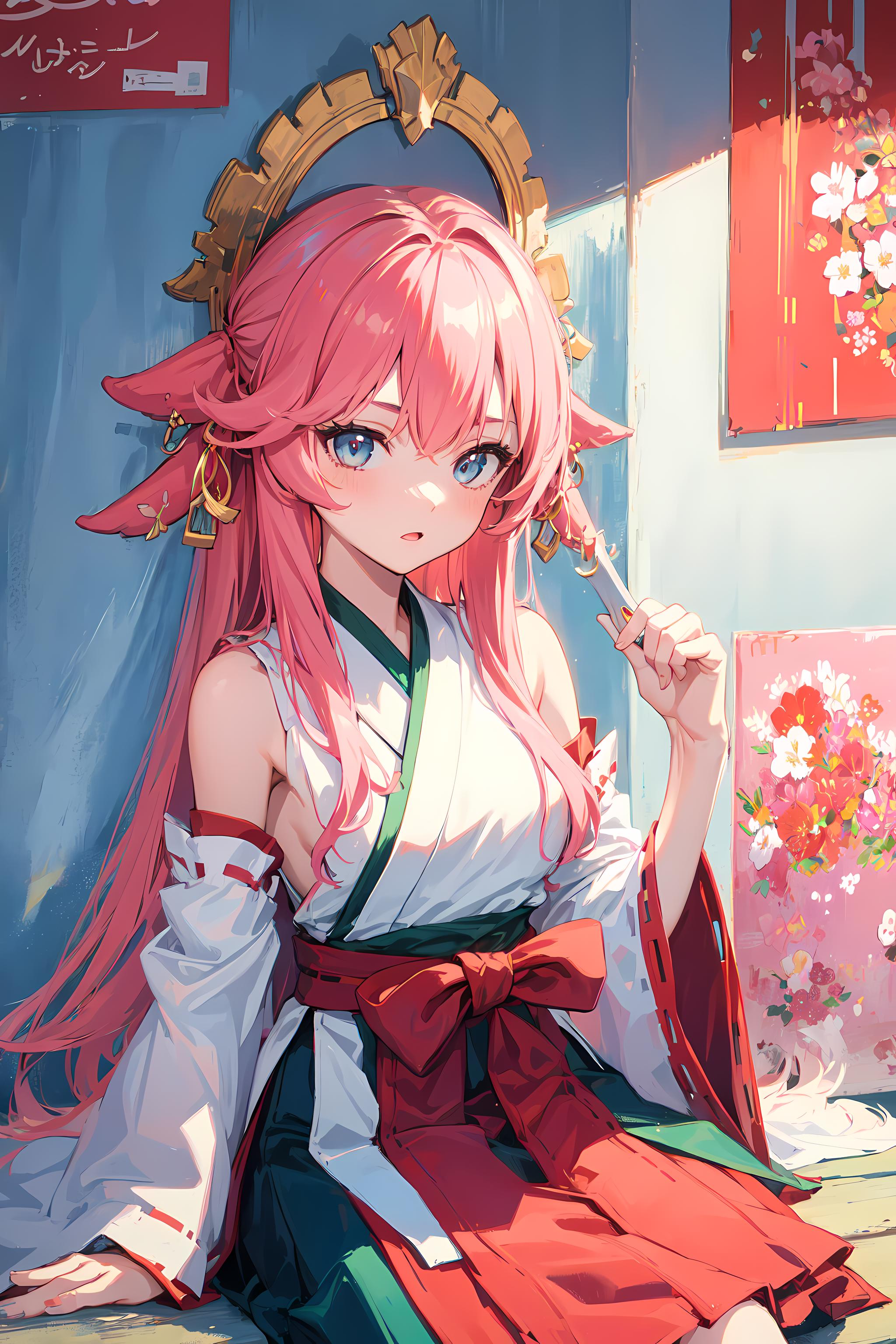 A pink and white anime girl with a bow in her hair holding a paintbrush.