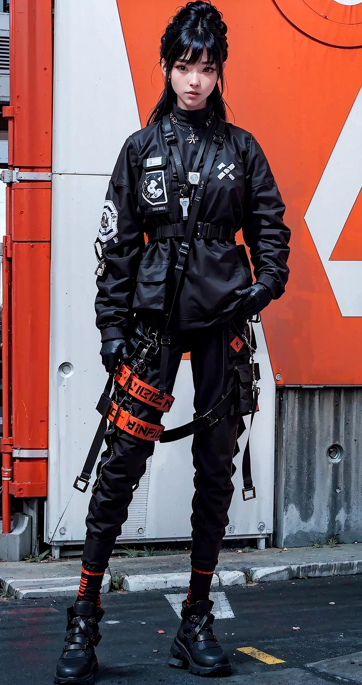 A woman wearing a black jacket, black pants, and black gloves stands in front of a red and white wall. She appears to be wearing a harness and is holding a rope. The scene is set in an industrial setting with a truck in the background.