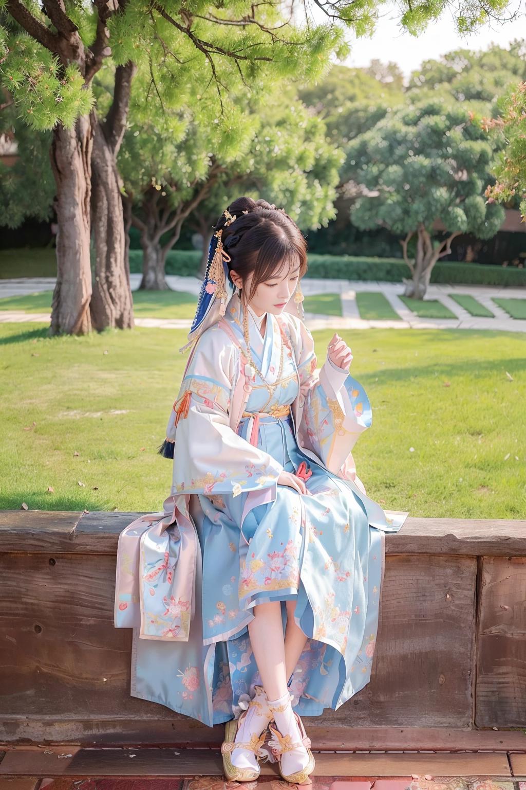 "A woman wearing a blue kimono sitting on a wooden bench."