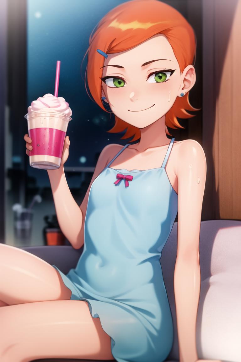 A cartoon illustration of a woman in a blue dress holding a pink drink, with green eyes and a smile on her face.