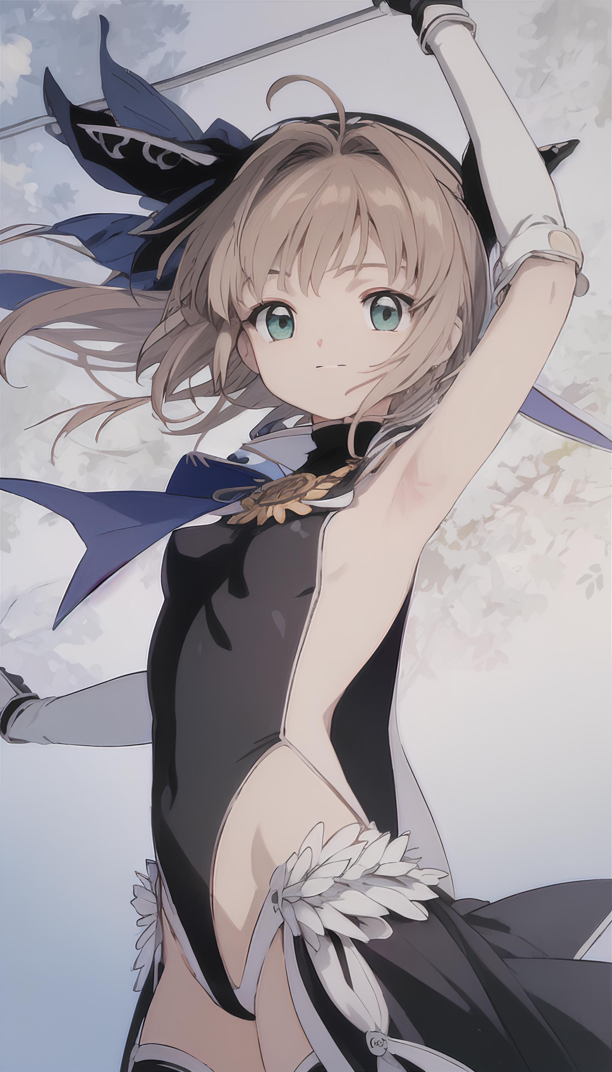 Anime character wearing a blue scarf and black dress.