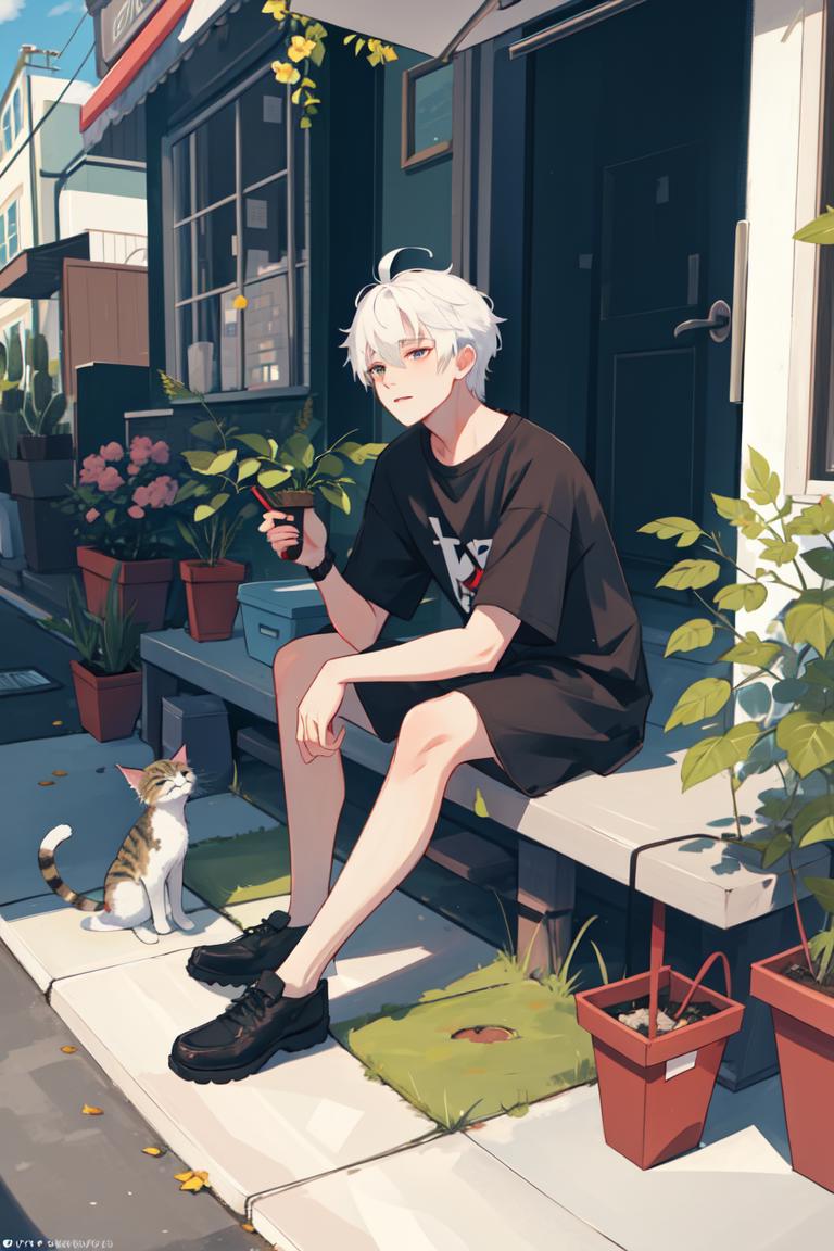 A young man sitting on a bench with a cat and a potted plant nearby.