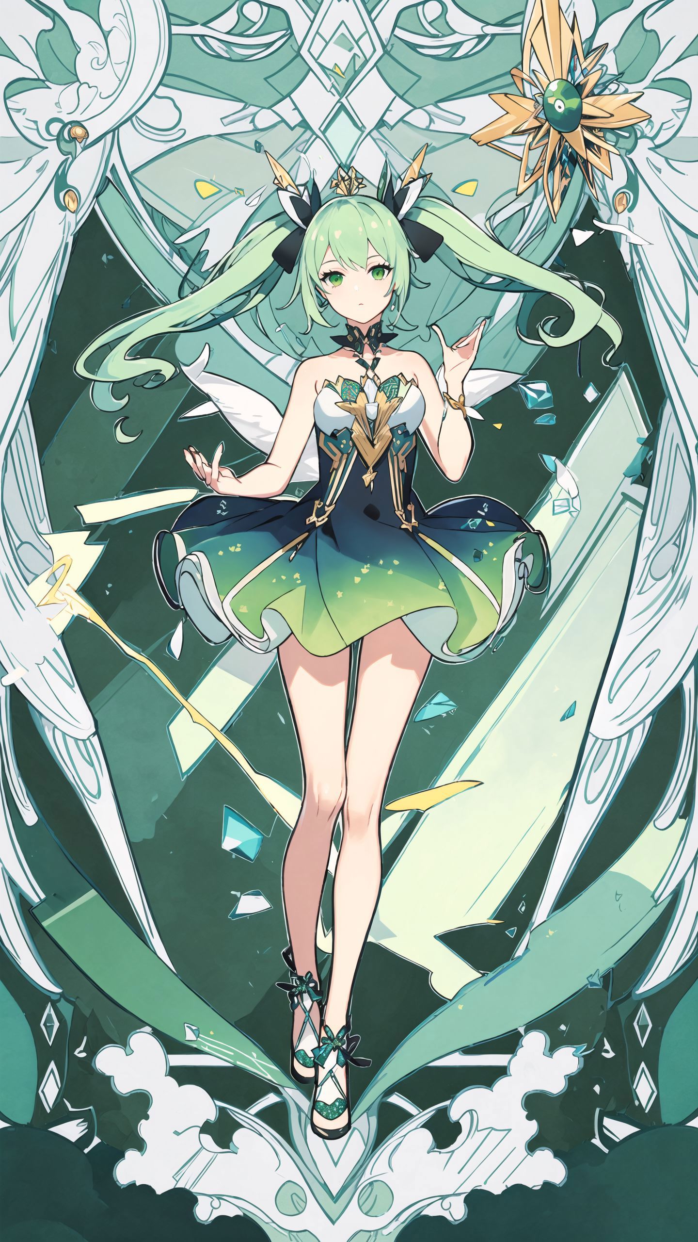 A magical anime girl in a green dress stands in front of a backdrop of broken glass.