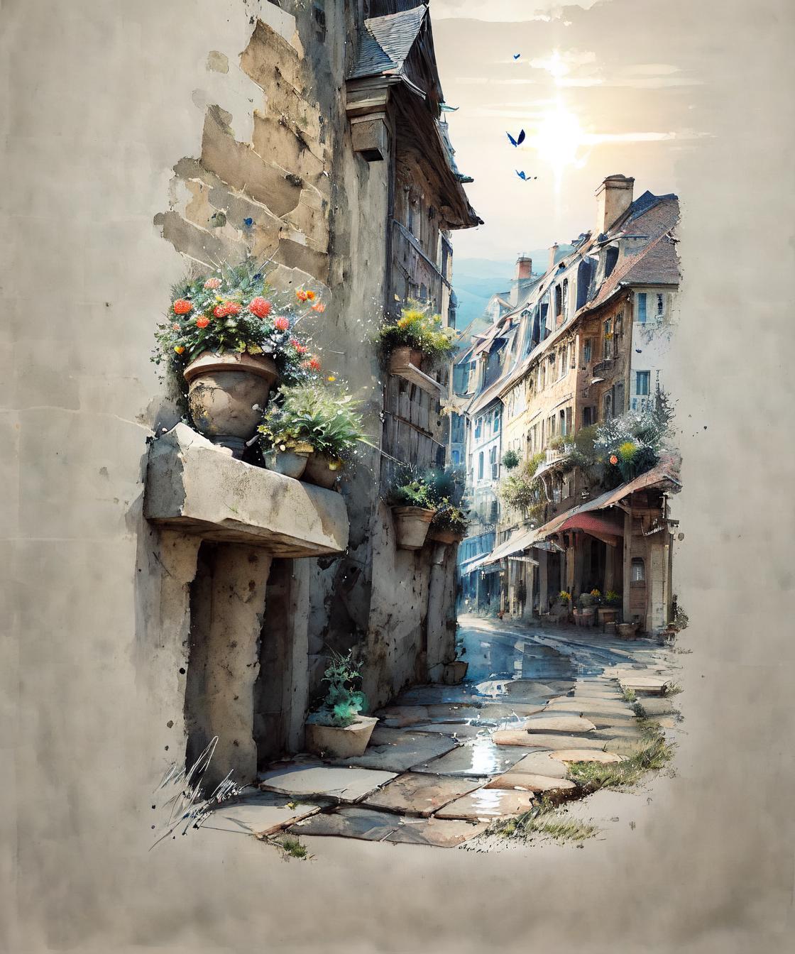 A painting of a quaint European village with a cobblestone street.