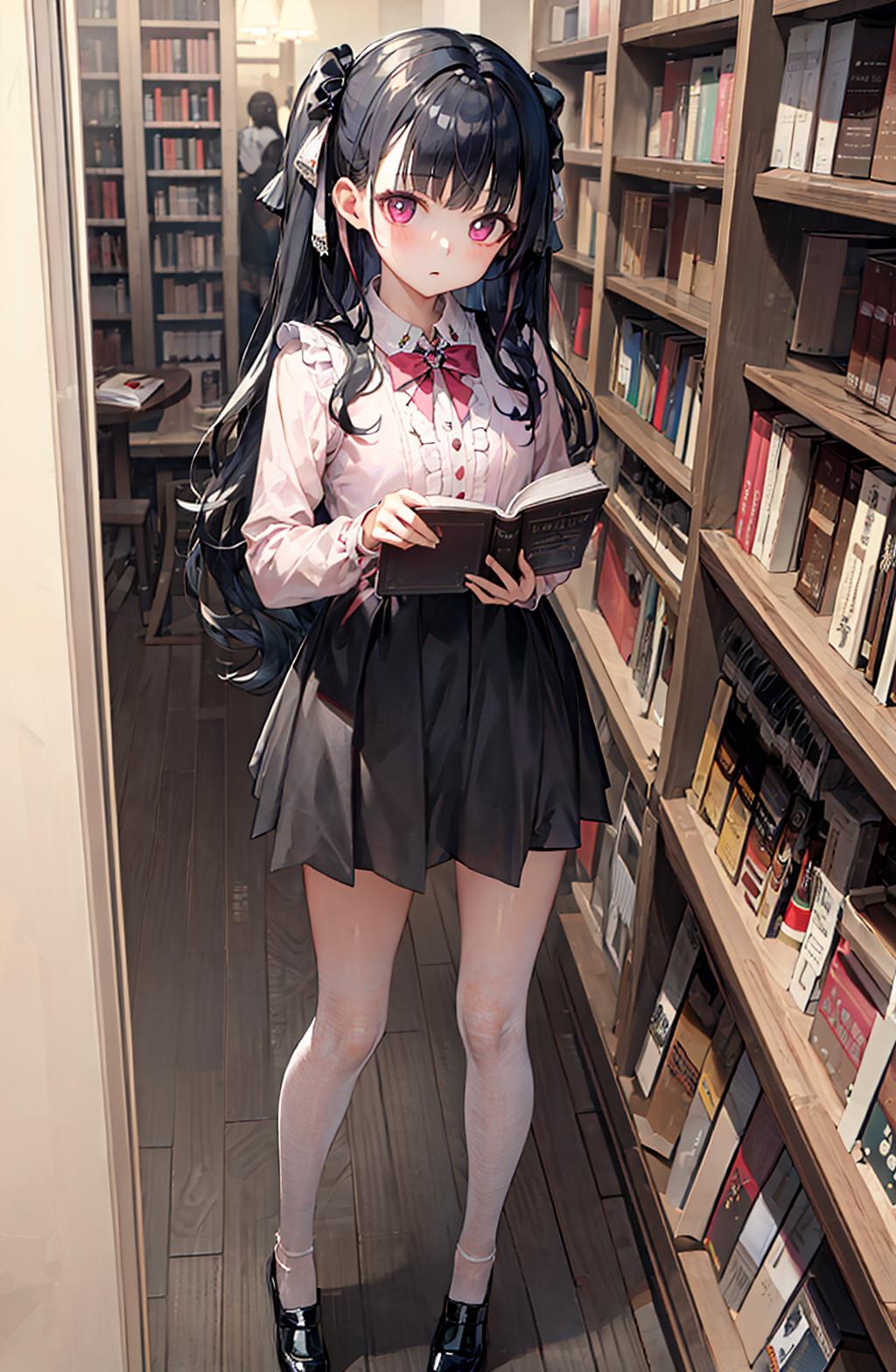 A woman in a pink shirt holding a book in a library.