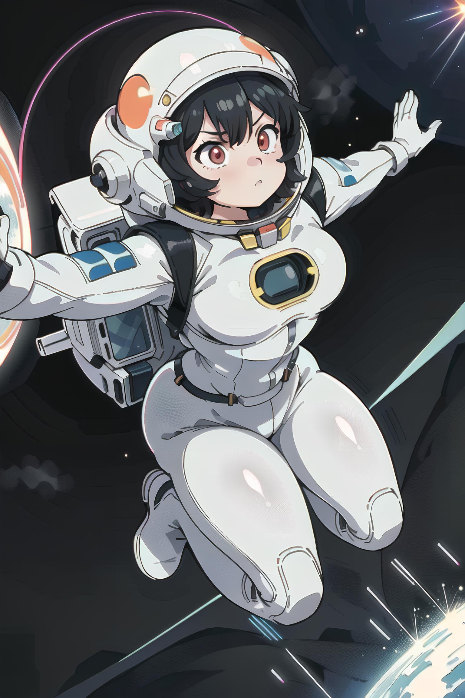 A woman wearing a white space suit and holding onto a rocket ship.