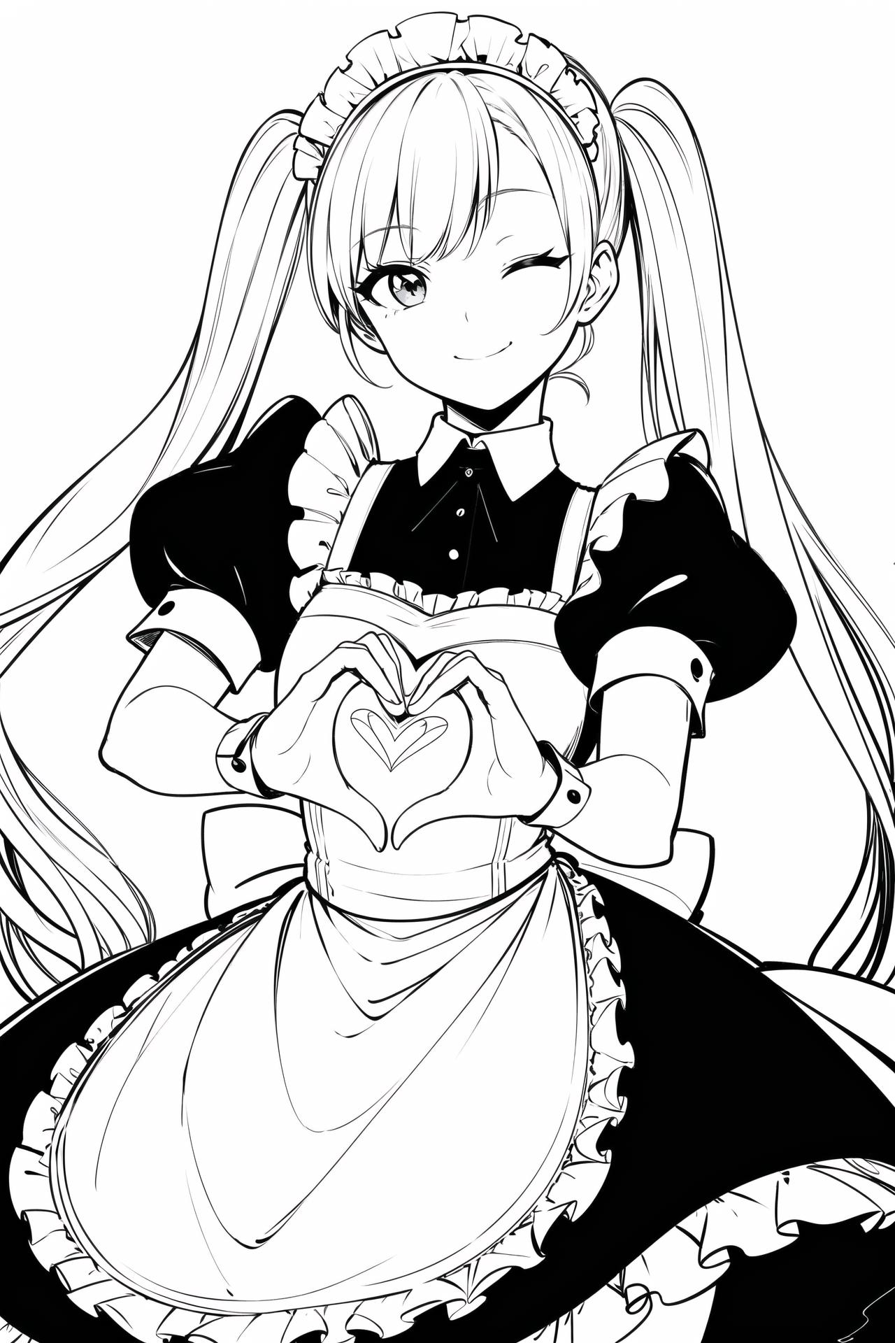 A smiling maid with a heart-shaped apron posing for the camera.