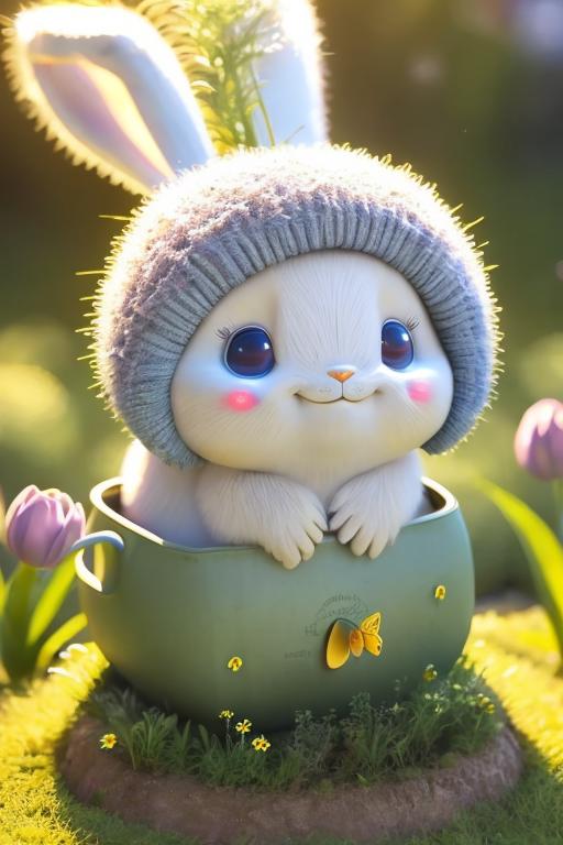 A cute bunny figurine in a pot with a white hat and blue eyes.