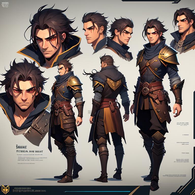 A collection of character designs for a game, including a man with a sword.