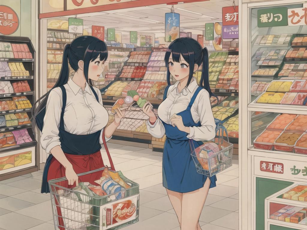 Two women shopping in a grocery store with carts full of food.