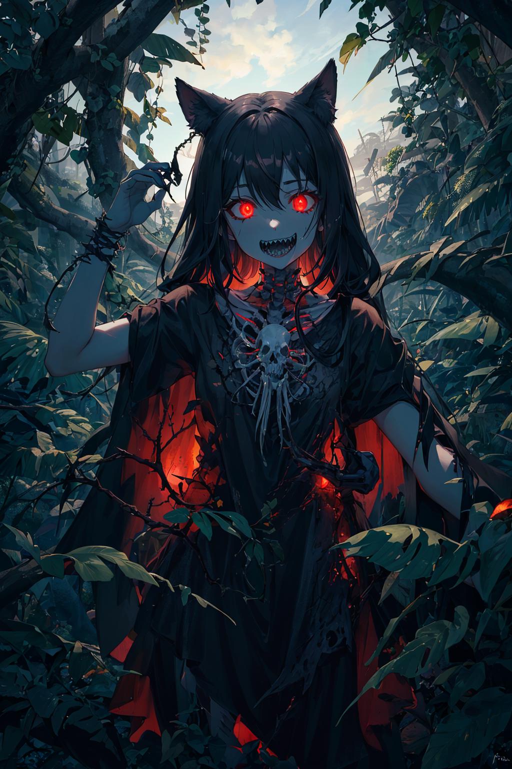 A girl with red eyes and a skull necklace standing in a forest.