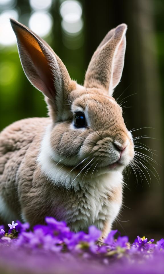 A close-up view of a brown and white rabbit with purple flowers in the background.