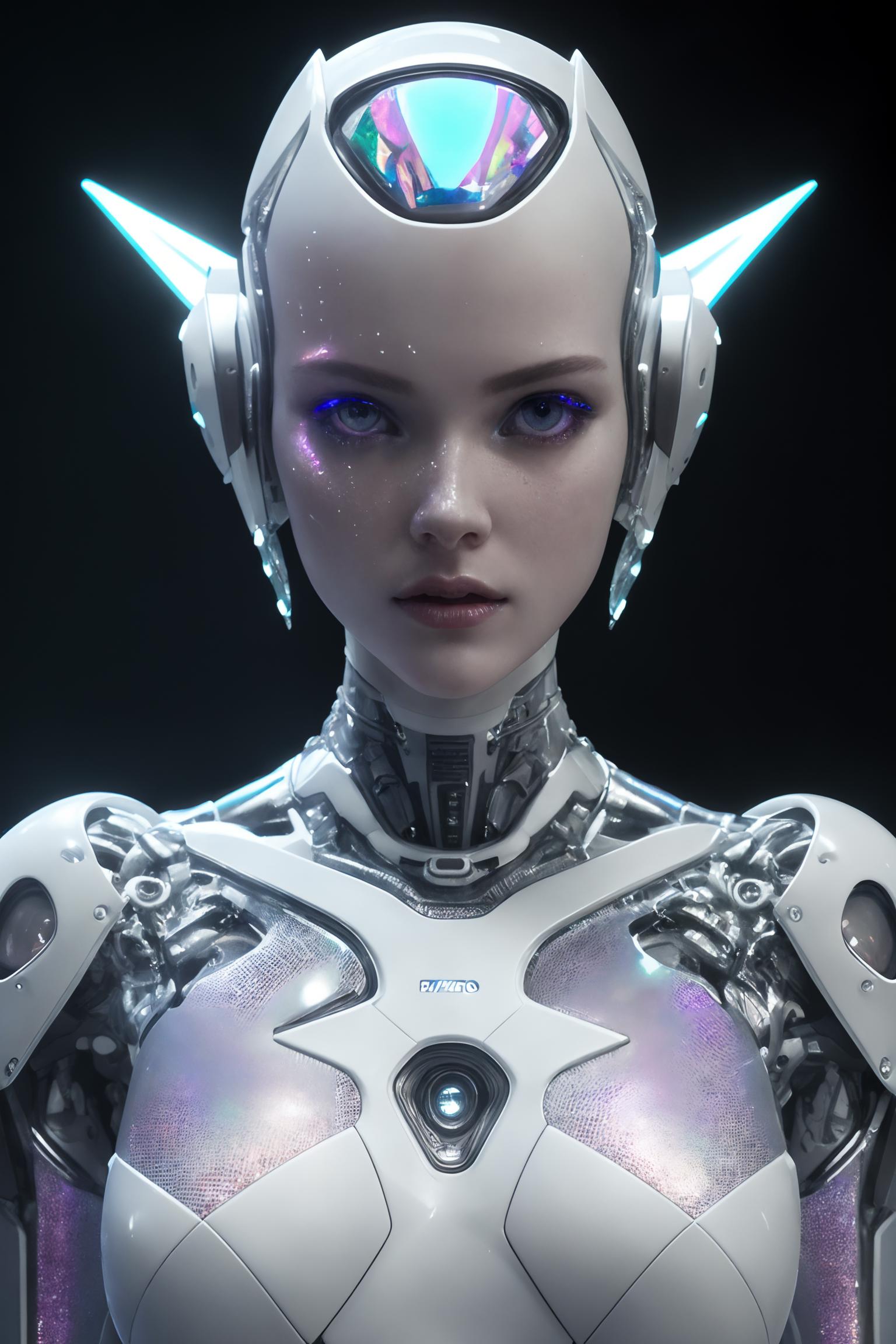 Cyborg Woman with Blue Eyes and Purple Light on Her Head.