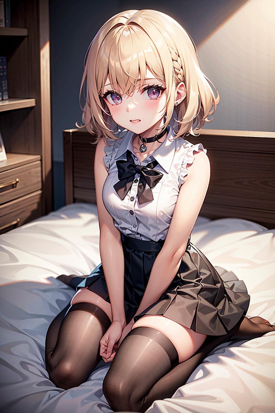 Anime girl in a white shirt, black bow, and black skirt sitting on a bed.