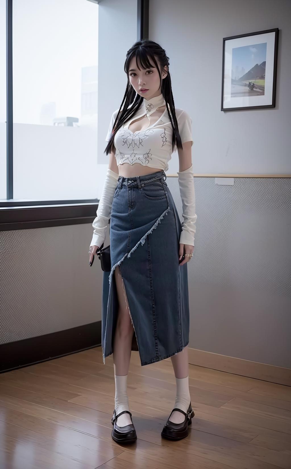 开衩牛仔长裙套装 splited denim skirt image by Kragy