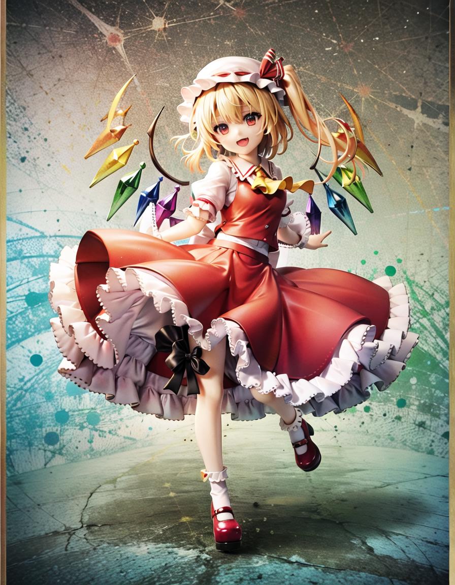 Anime girl figurine wearing a red dress and holding rainbow gems.