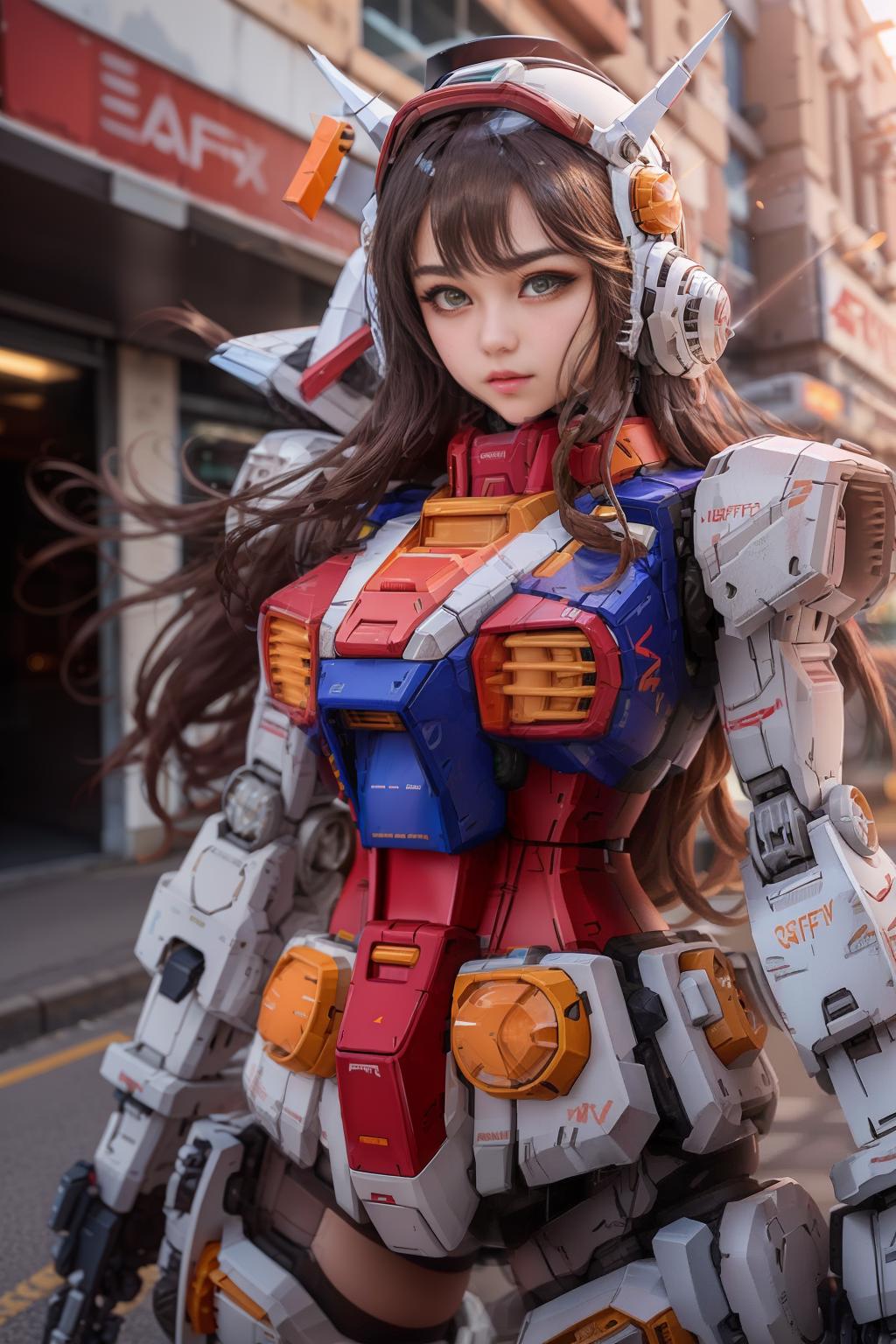 A beautiful anime girl wearing a white, red, blue, and orange costume stands in front of a building.