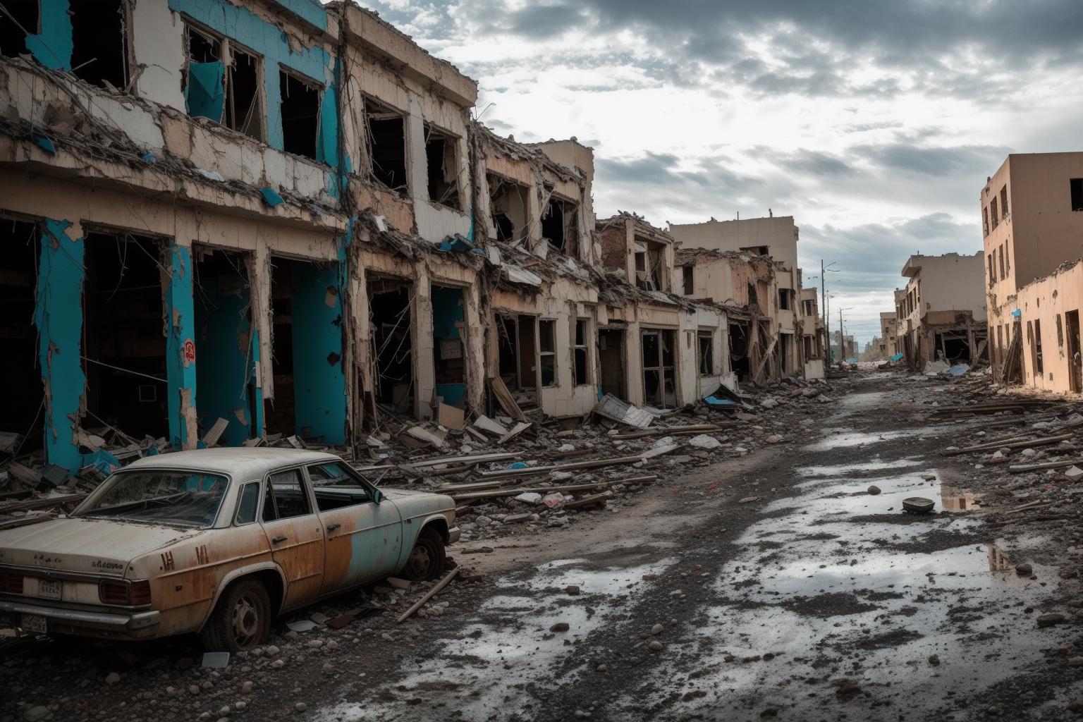 Abandoned City Street with Old Cars and Buildings in Ruins