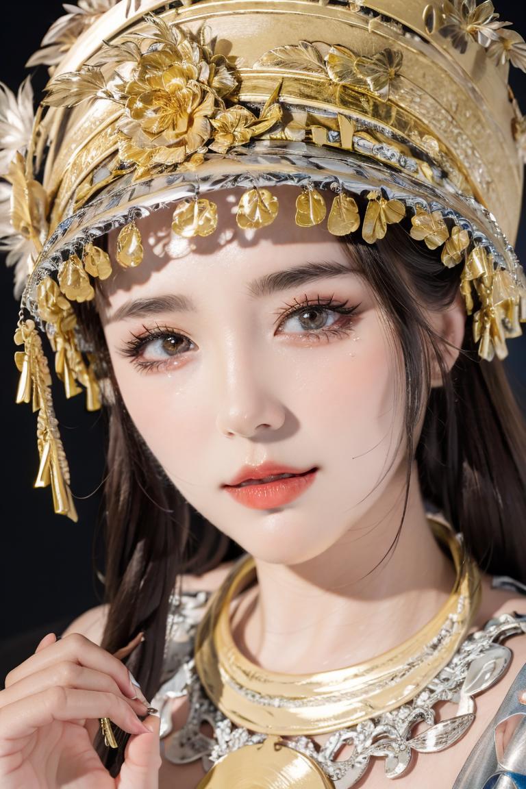 A beautiful Asian woman with long hair, wearing a gold headpiece and makeup, posing for a portrait.