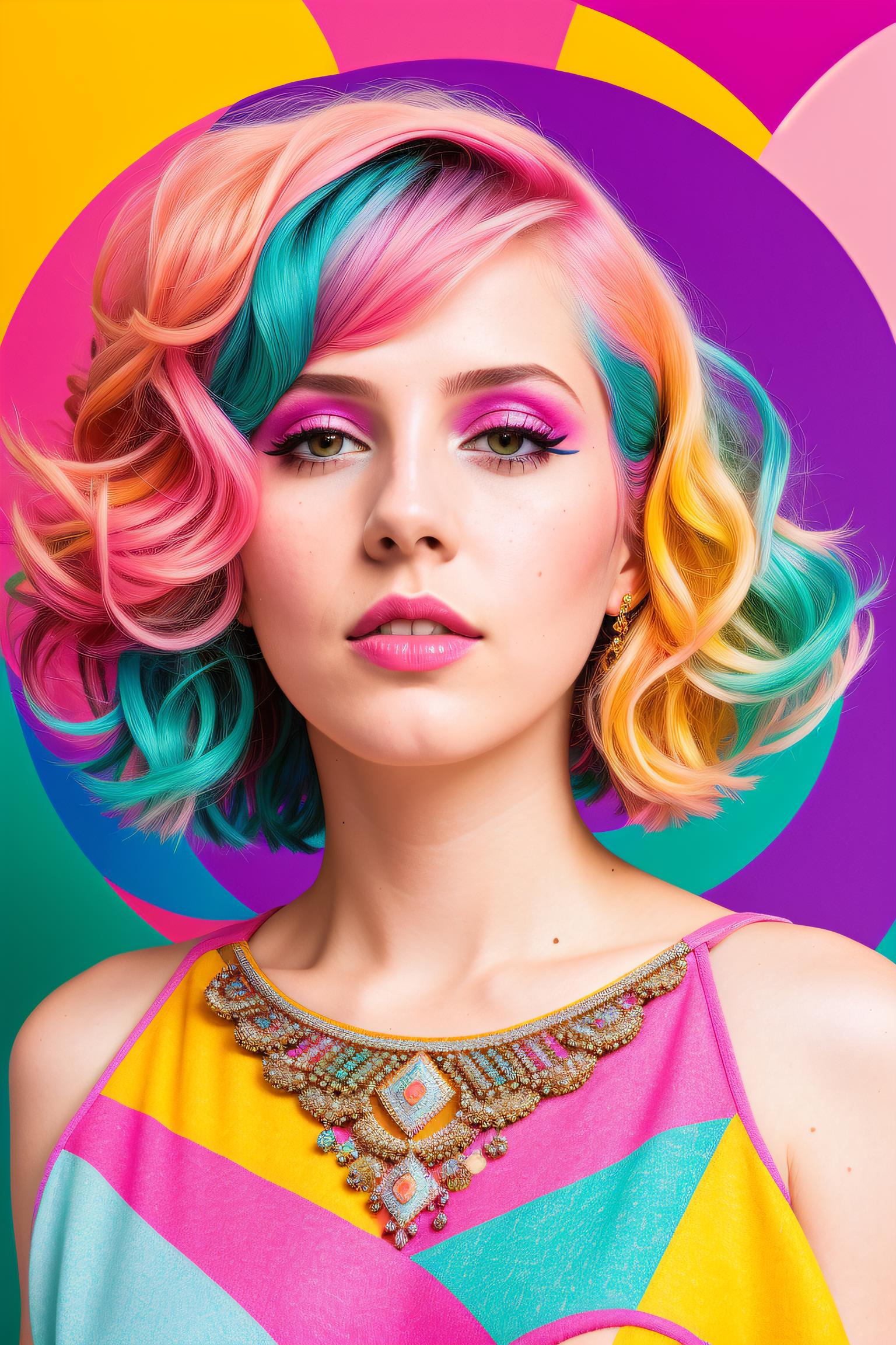 Colorful Female Model with Rainbow Hair and Makeup.