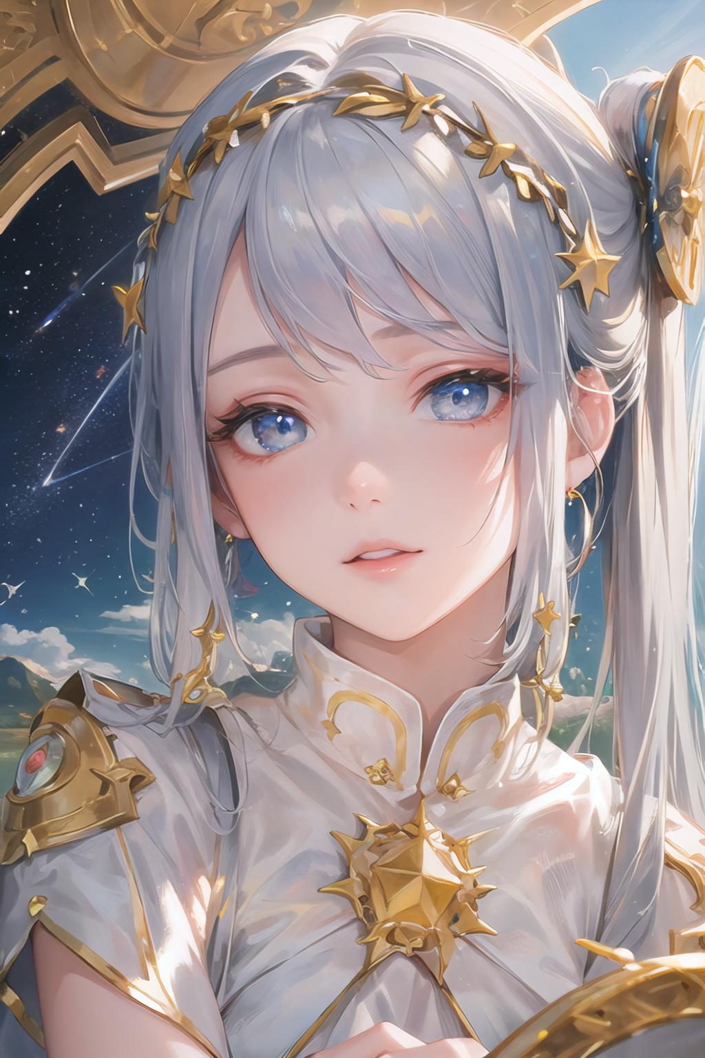 A white-haired girl with blue eyes and a starry background.