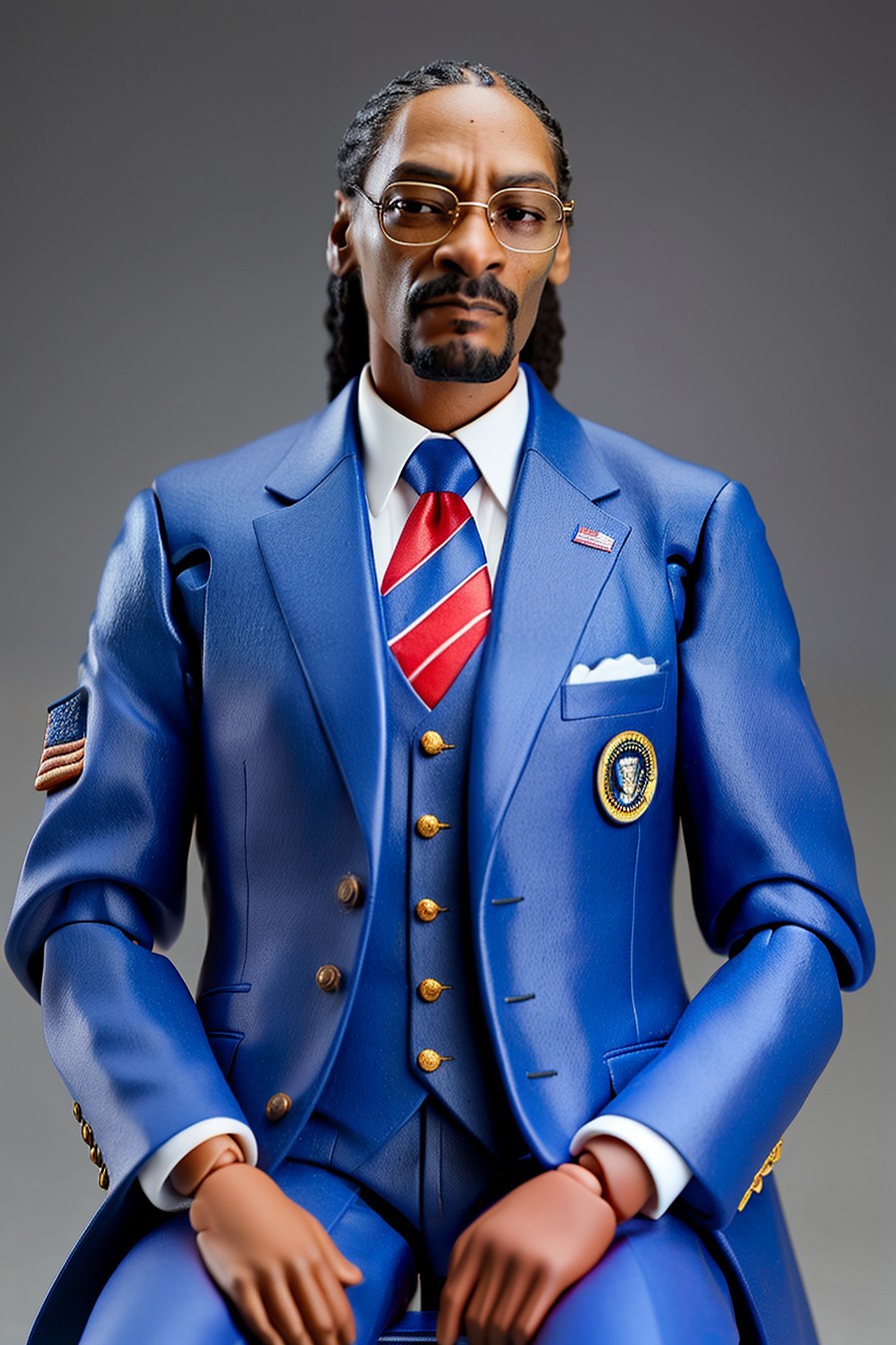 A doll dressed in a blue suit.