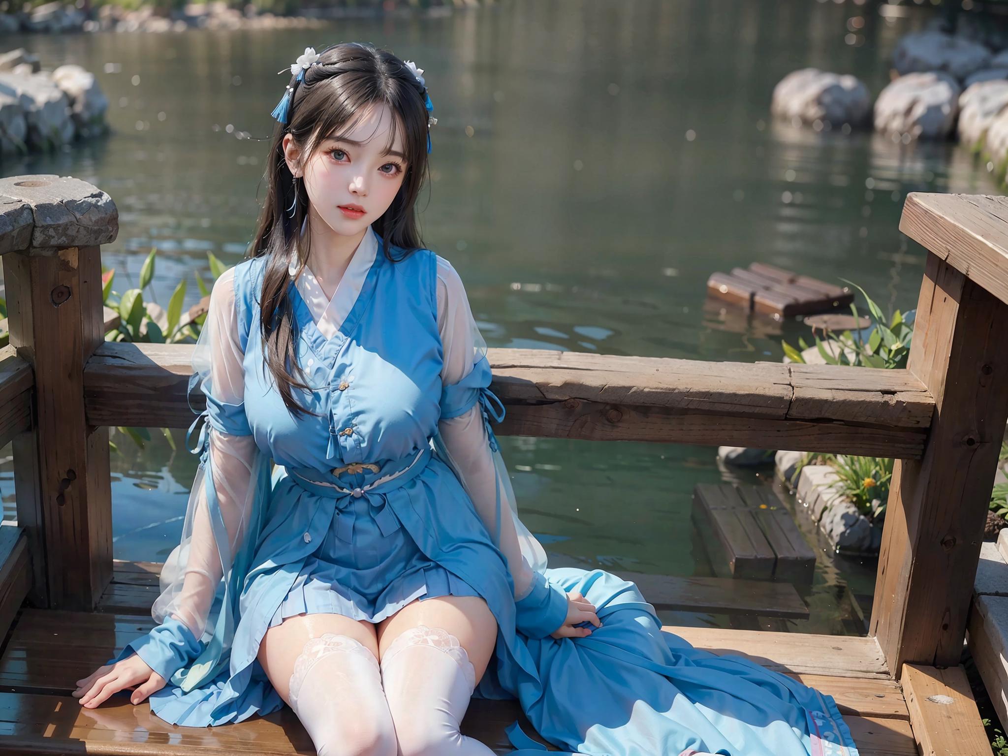 A young woman in a blue dress sitting on a bench by a body of water.