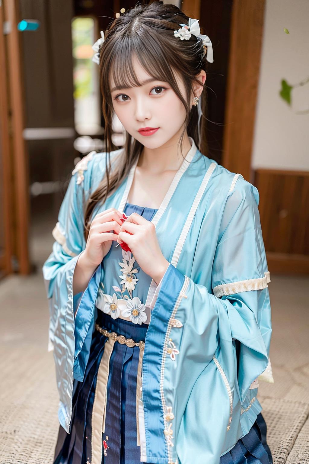 A woman wearing a blue kimono with a flower design is posing for a picture.