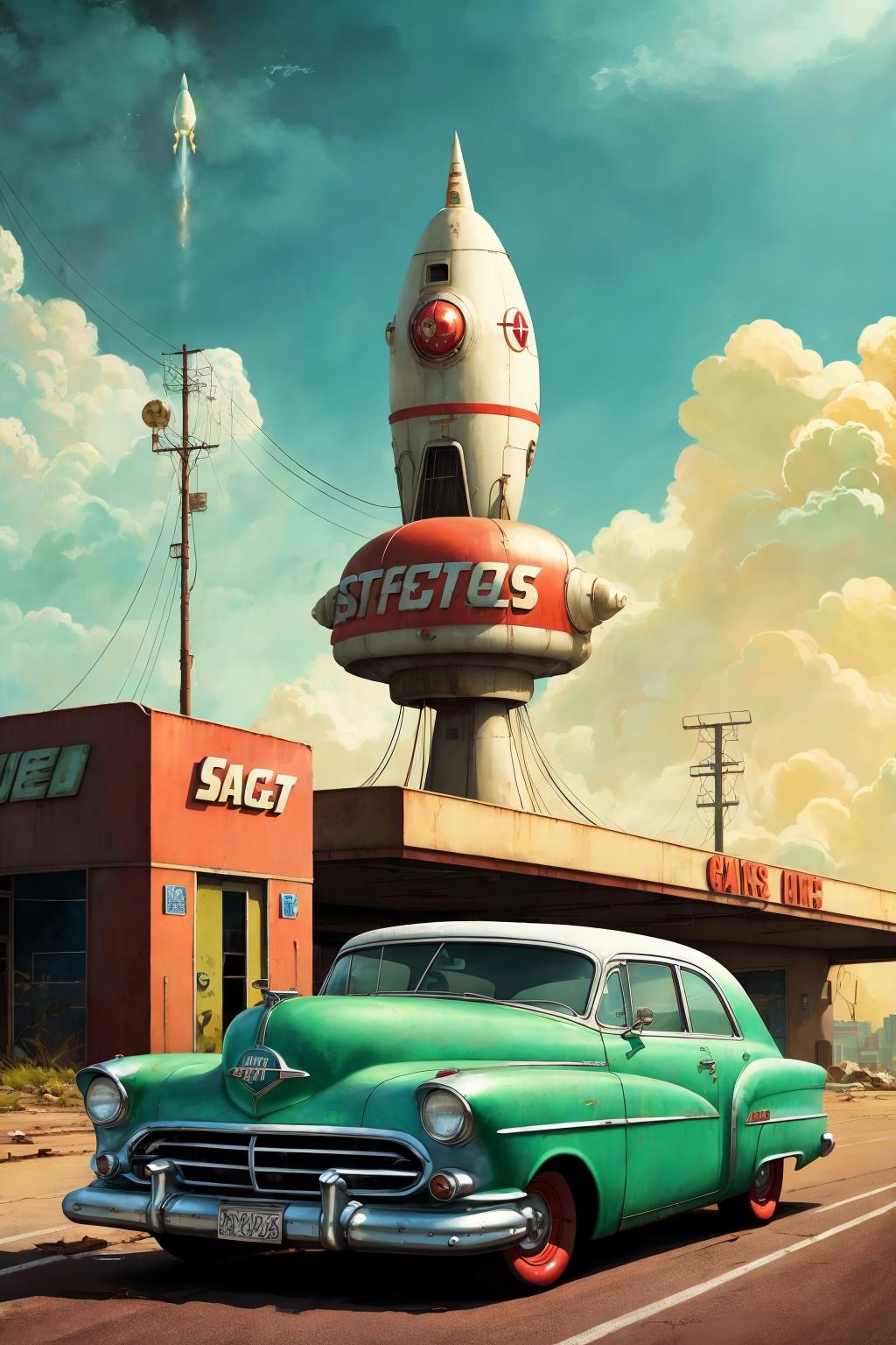 A green car parked in front of a gas station with a rocket on top of the building.