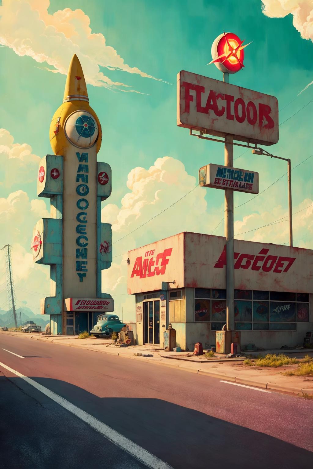 A Fictional Town with a Space Rocket, Miniature Gas Station, and Retail Store