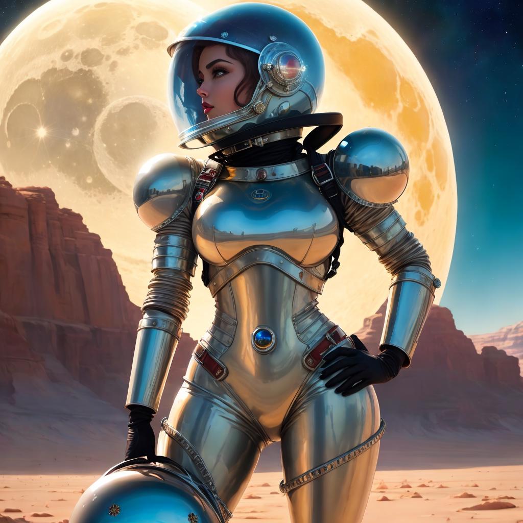 A woman wearing a silver spacesuit and standing next to a moon on a desert planet.