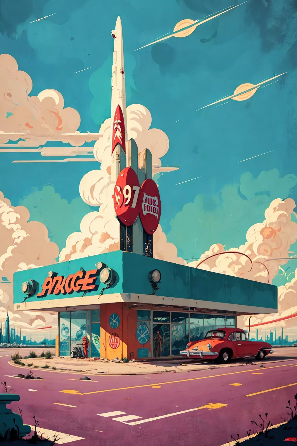 Futuristic Priceless Gas Station with Space Travel Theme and a Red Car