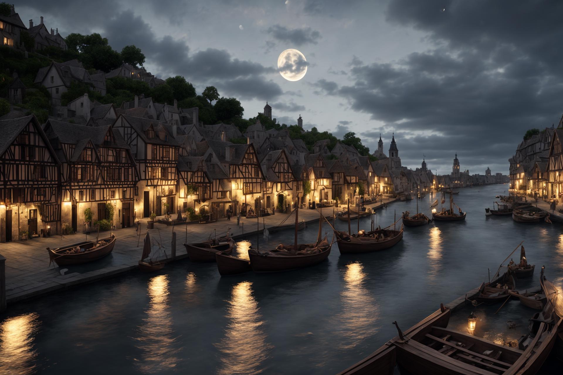 An Artistic rendering of a town with a moon and many boats in the water.