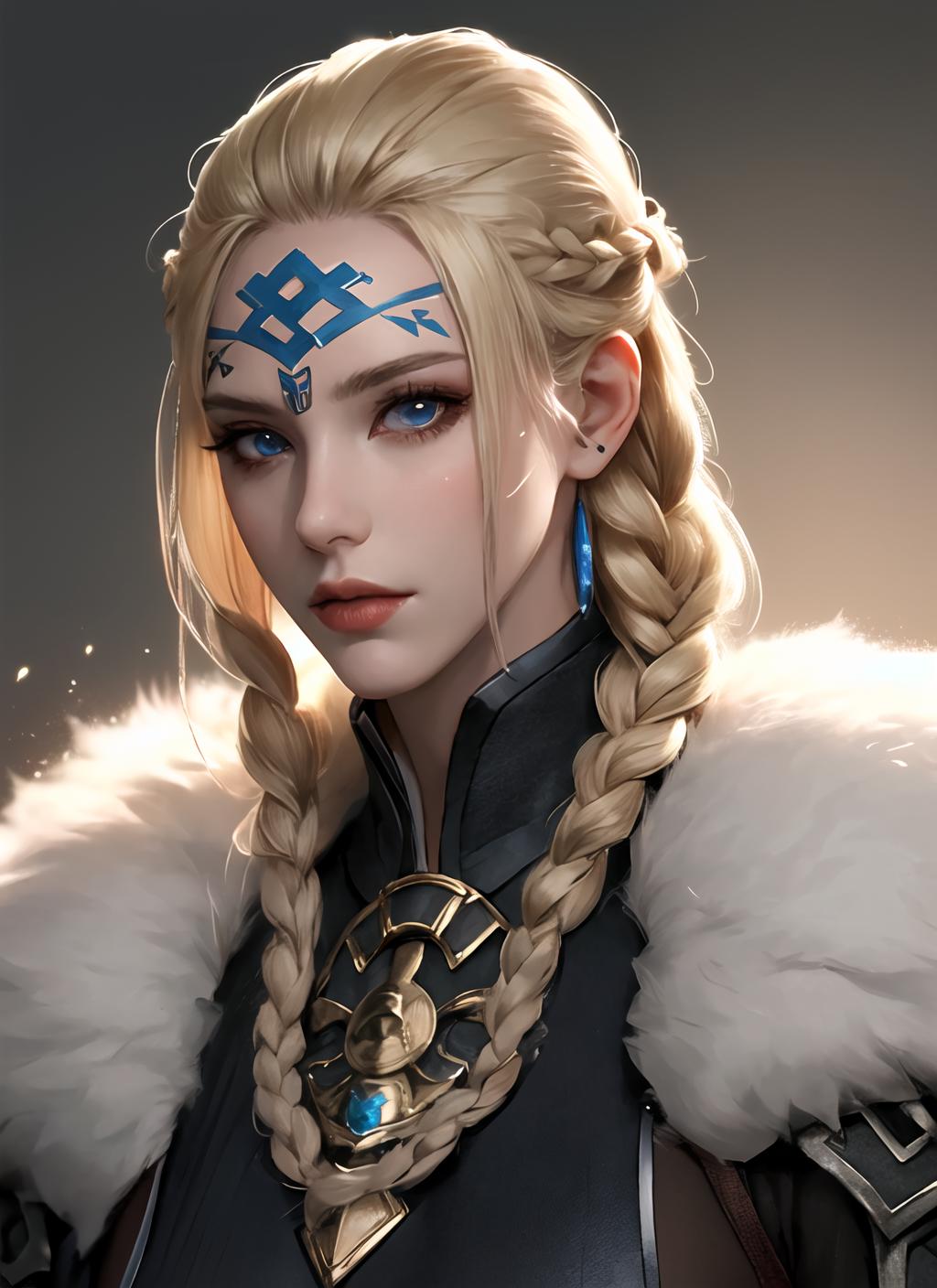 A woman with long blonde braids and a blue and black headband.