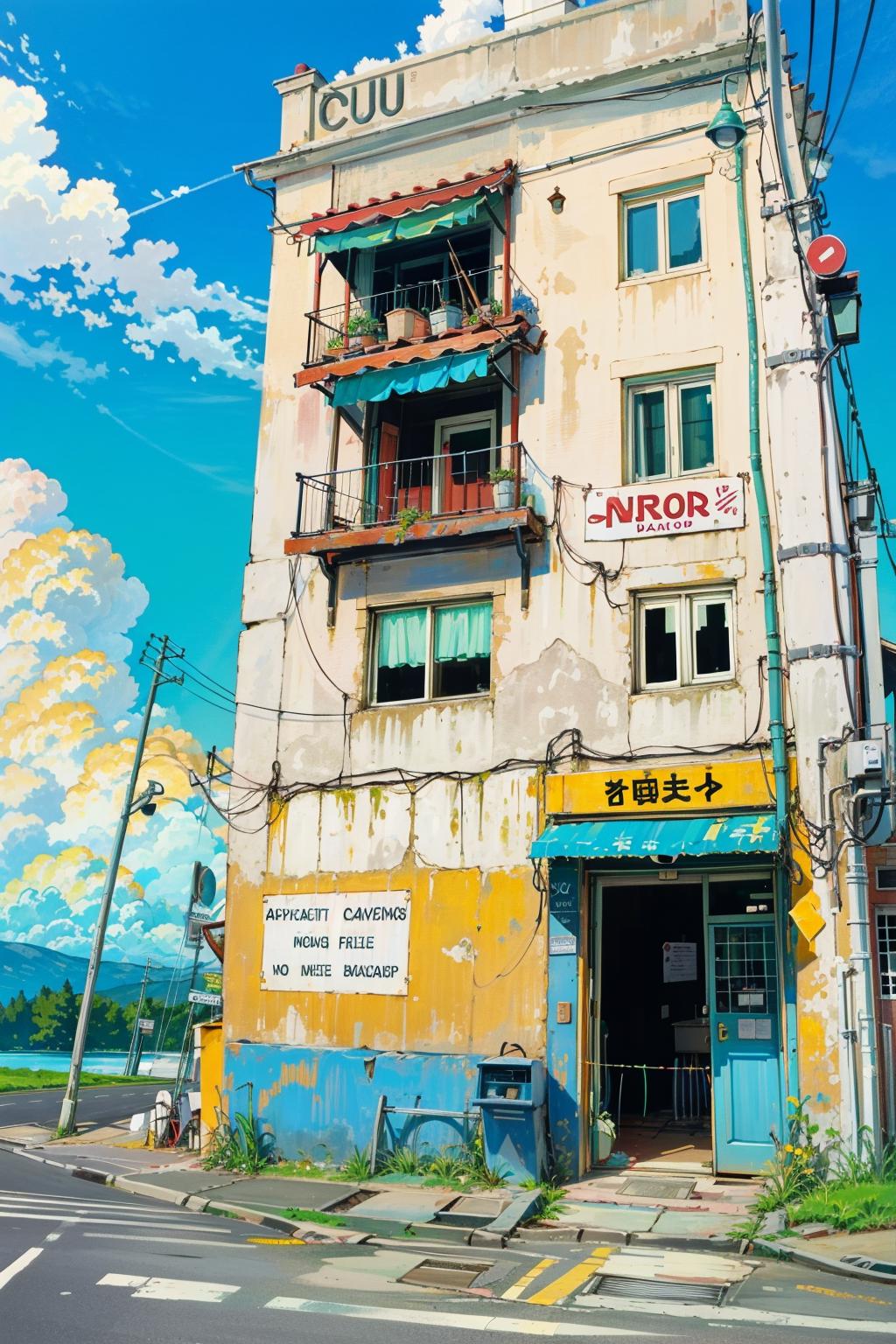 Painted Cartoon of a Dilapidated Building with Yellow and Blue Accents and Signs.