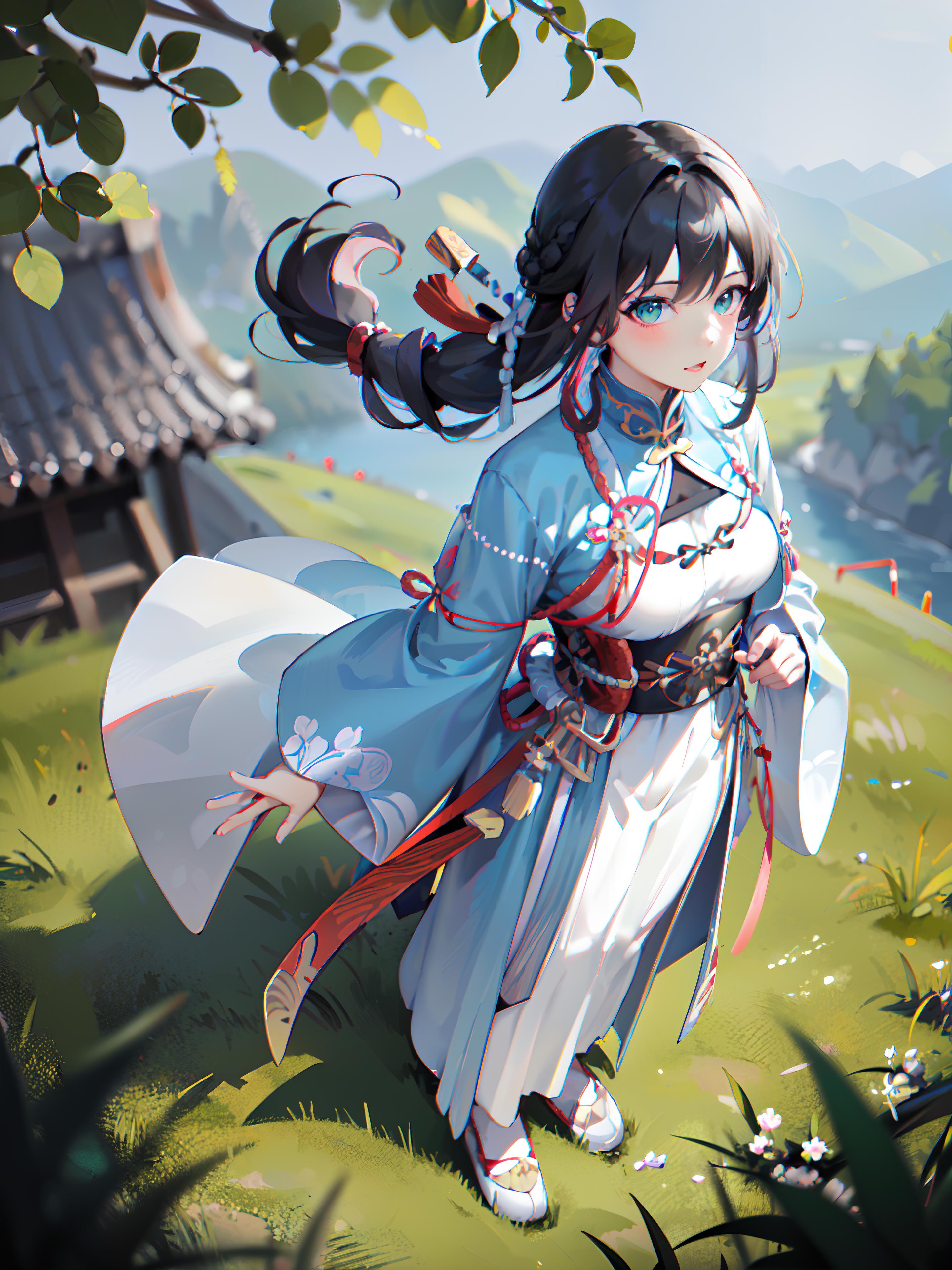 A Japanese woman wearing a blue kimono and holding a sword stands in a grassy field.