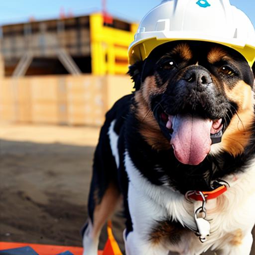 A happy dog wearing a hard hat and licking its tongue out.