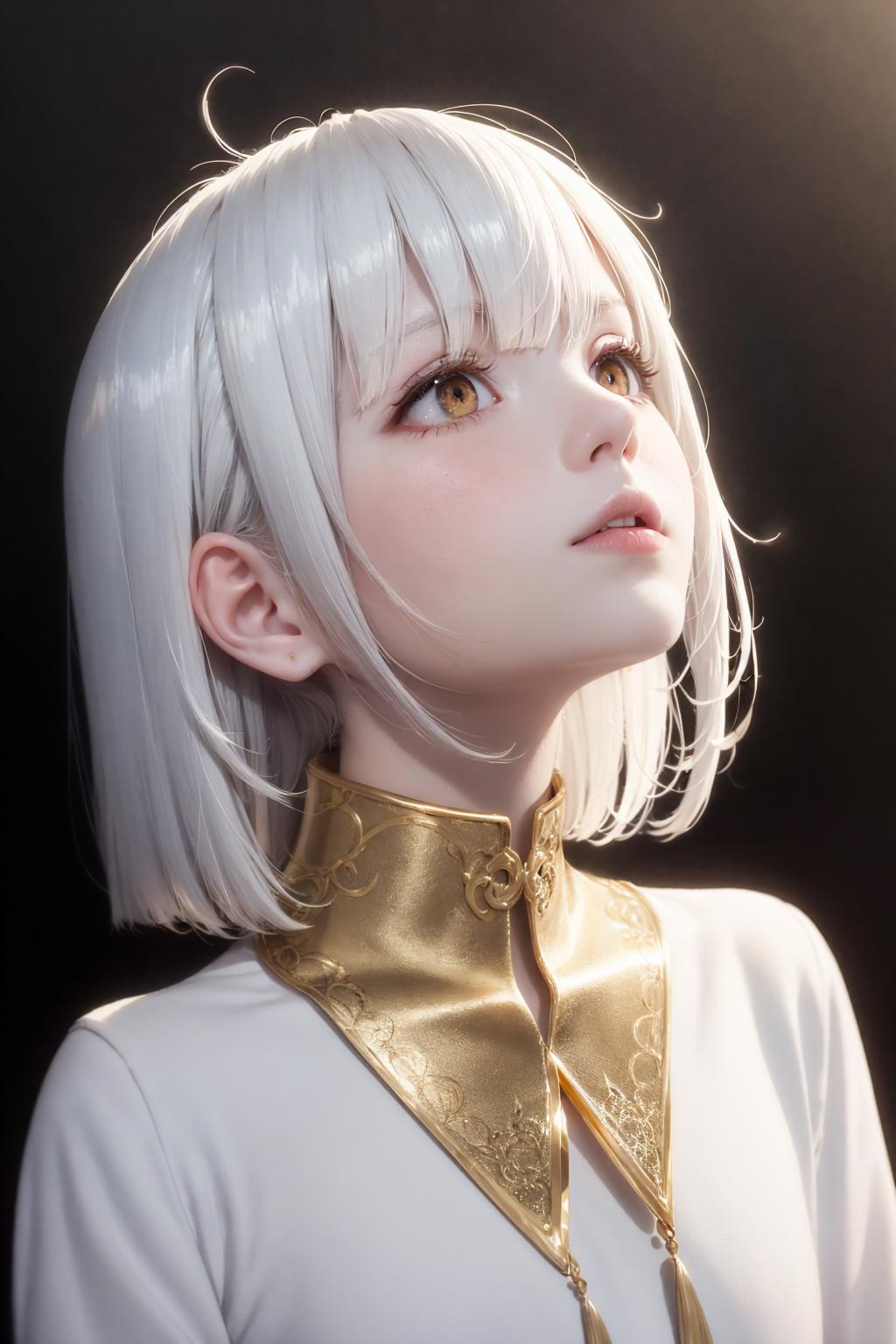 A young girl with white hair and a gold necklace looking up.