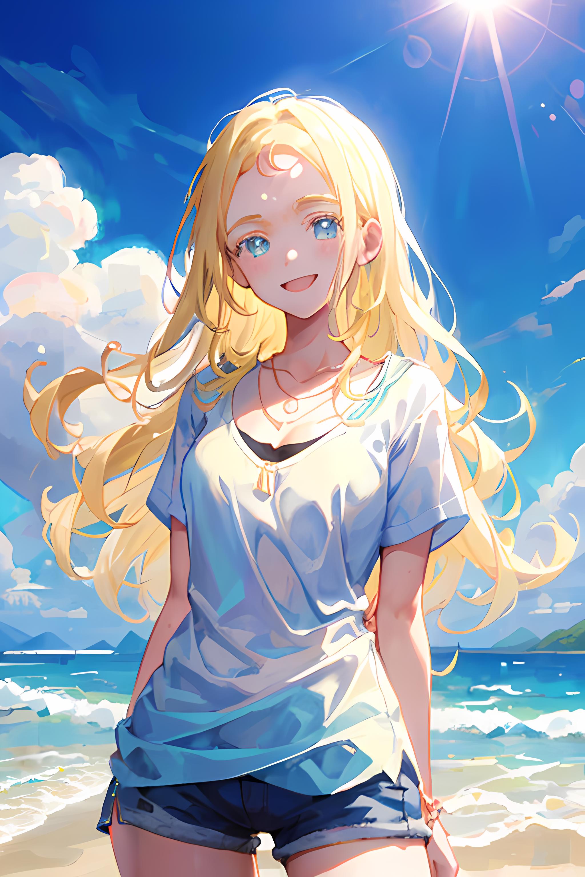 "A Blonde Woman in a White Shirt with Blue Eyes Smiling on a Sunny Day by the Ocean"