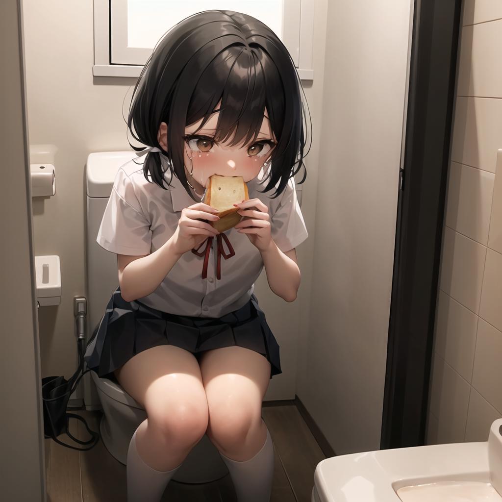 A young girl eating a piece of bread while sitting on a toilet.