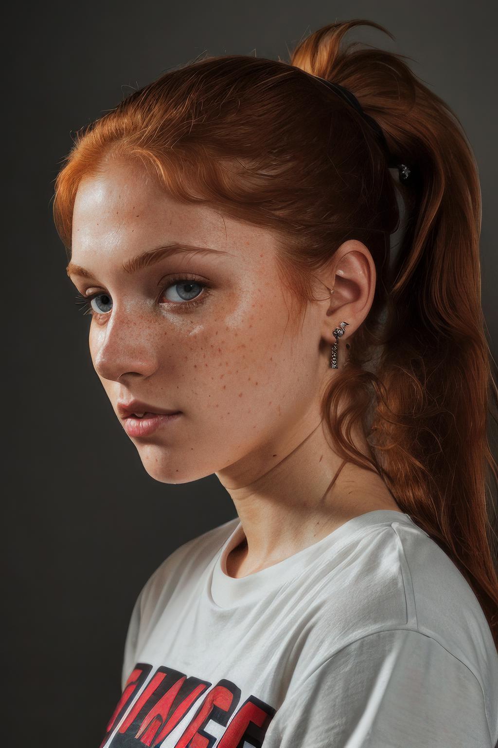 A young woman with red hair, wearing a white shirt and earrings, stares into the camera.