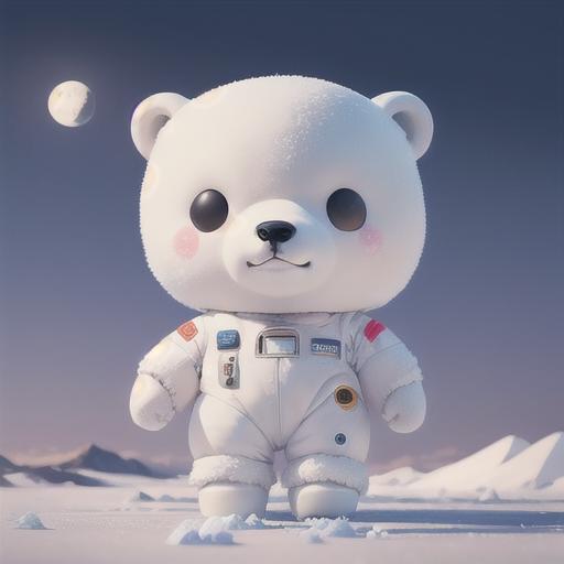 A white teddy bear wearing an astronaut suit and standing in a snowy environment.