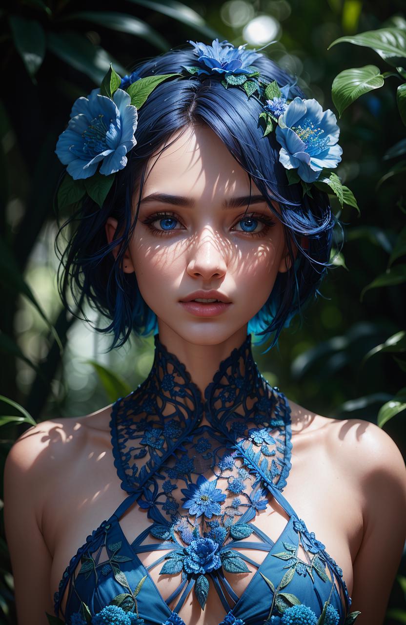 Blue-haired woman wearing blue flowers in her hair.