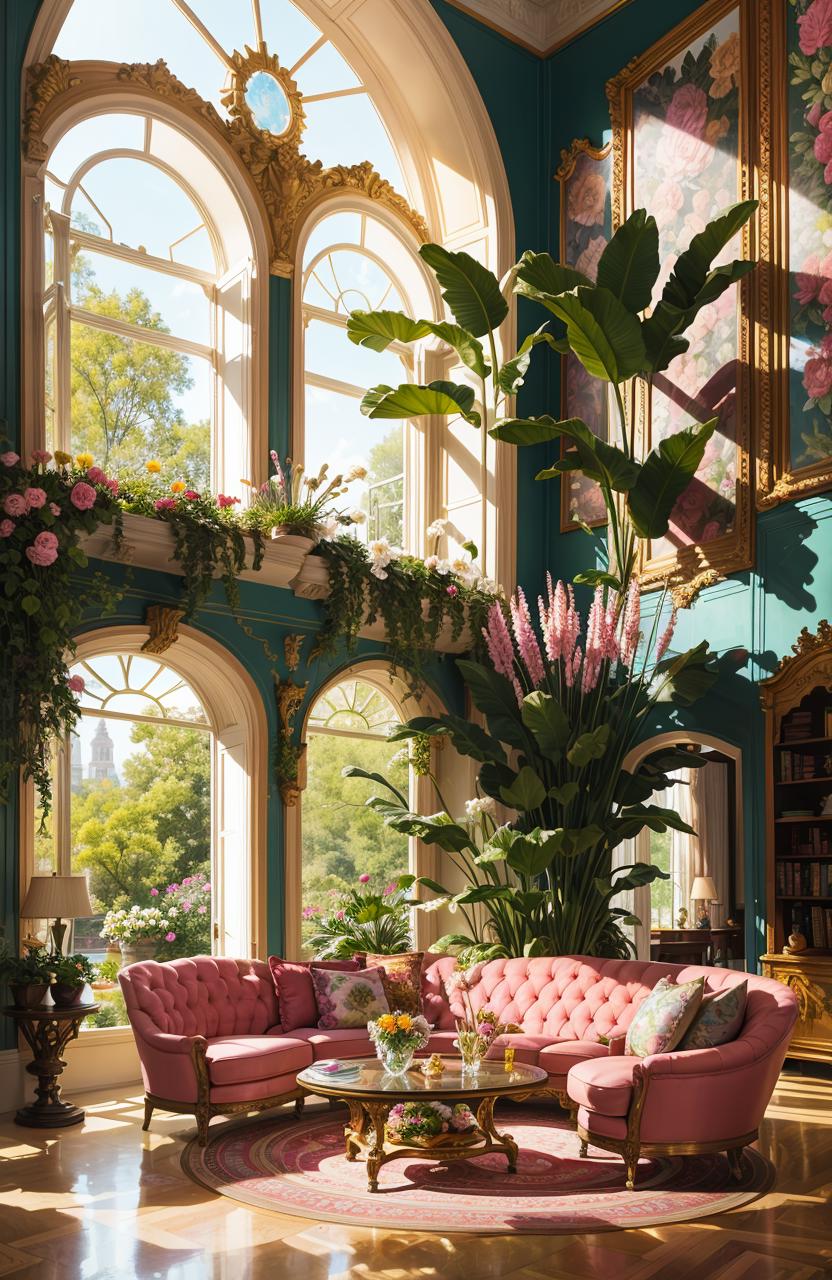 A Pink Sofa in a Sunlit Living Room with Large Windows and Plants.