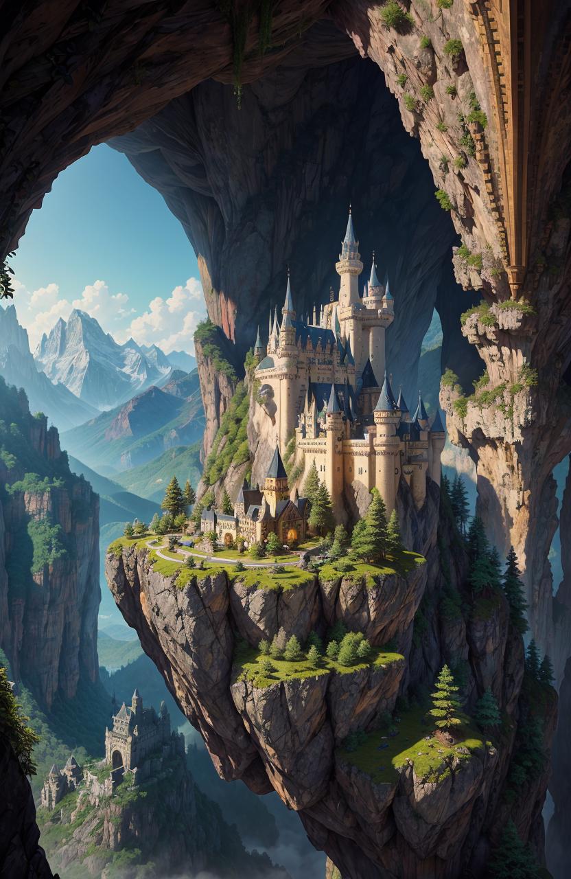 A majestic castle sits on top of a mountain or cliff in a beautiful landscape.