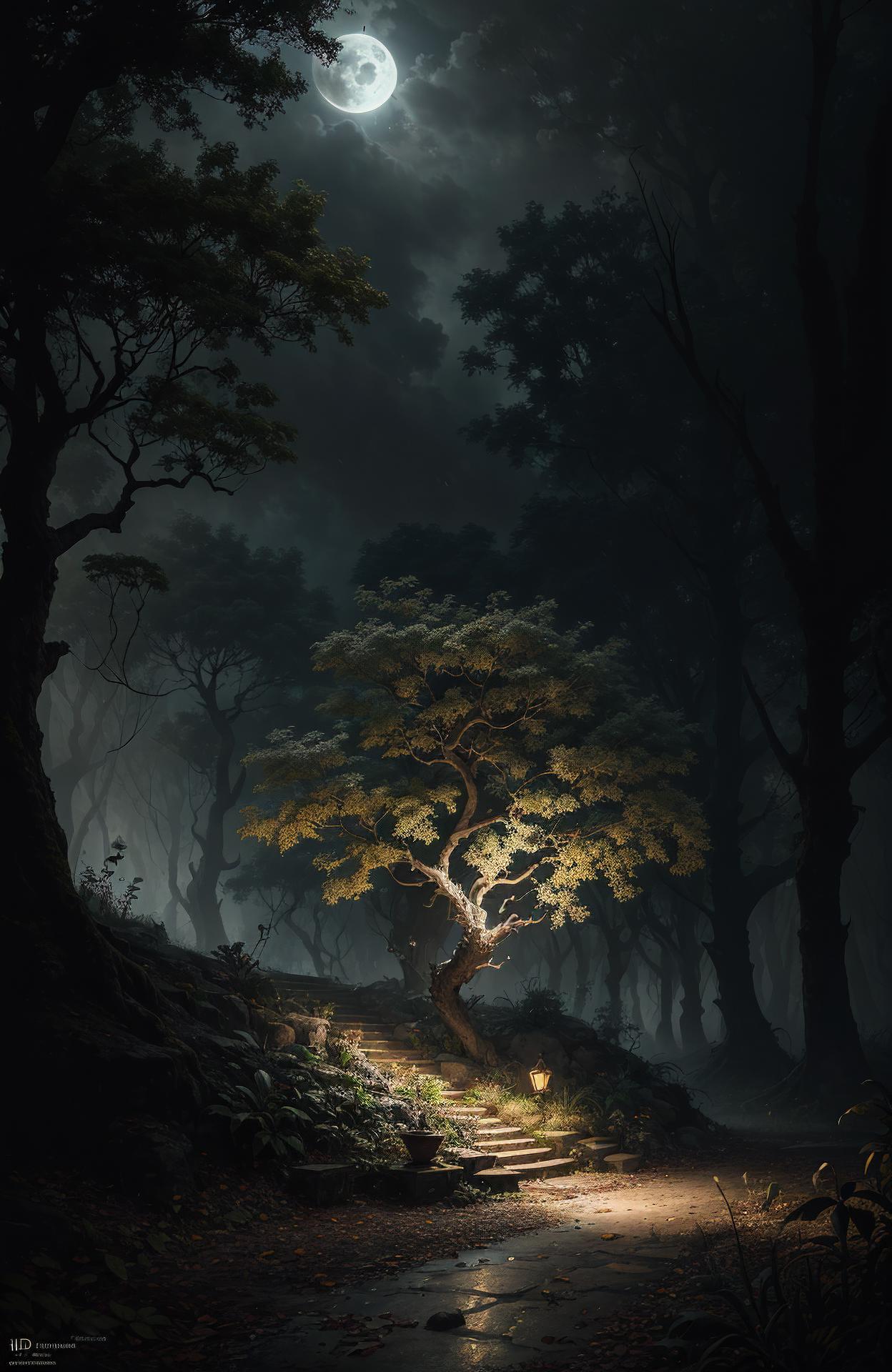 A Tree in a Dark Forest with a Lighted Path Leading to It